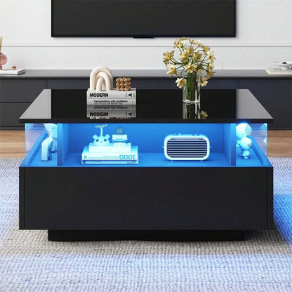 Modernes Hochglanz-LED-Couchtisch Kaffeetisch 70*70*41cm mit 2 Schubladen und transparentem Präsentationsbereich – Belastbar bis 30 kg, ideal für stilvolle Wohnzimmer