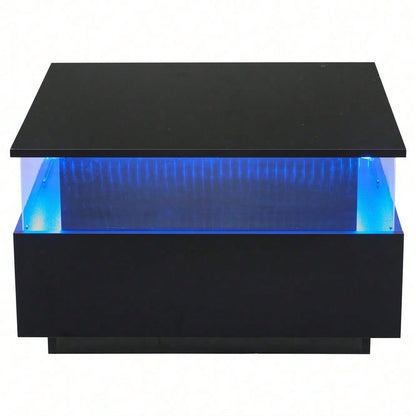 Modernes Hochglanz-LED-Couchtisch Kaffeetisch 70*70*41cm mit 2 Schubladen und transparentem Präsentationsbereich – Belastbar bis 30 kg, ideal für stilvolle Wohnzimmer