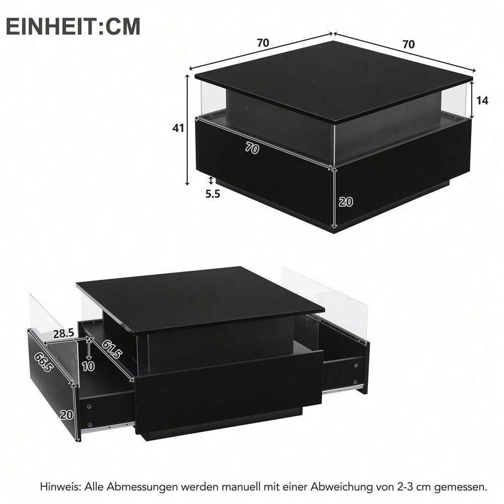 Modernes Hochglanz-LED-Couchtisch Kaffeetisch 70*70*41cm mit 2 Schubladen und transparentem Präsentationsbereich – Belastbar bis 30 kg, ideal für stilvolle Wohnzimmer