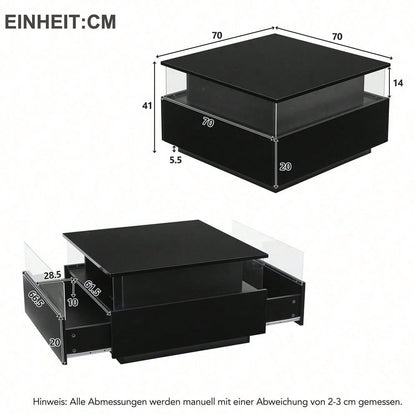 Modernes Hochglanz-LED-Couchtisch Kaffeetisch 70*70*41cm mit 2 Schubladen und transparentem Präsentationsbereich – Belastbar bis 30 kg, ideal für stilvolle Wohnzimmer