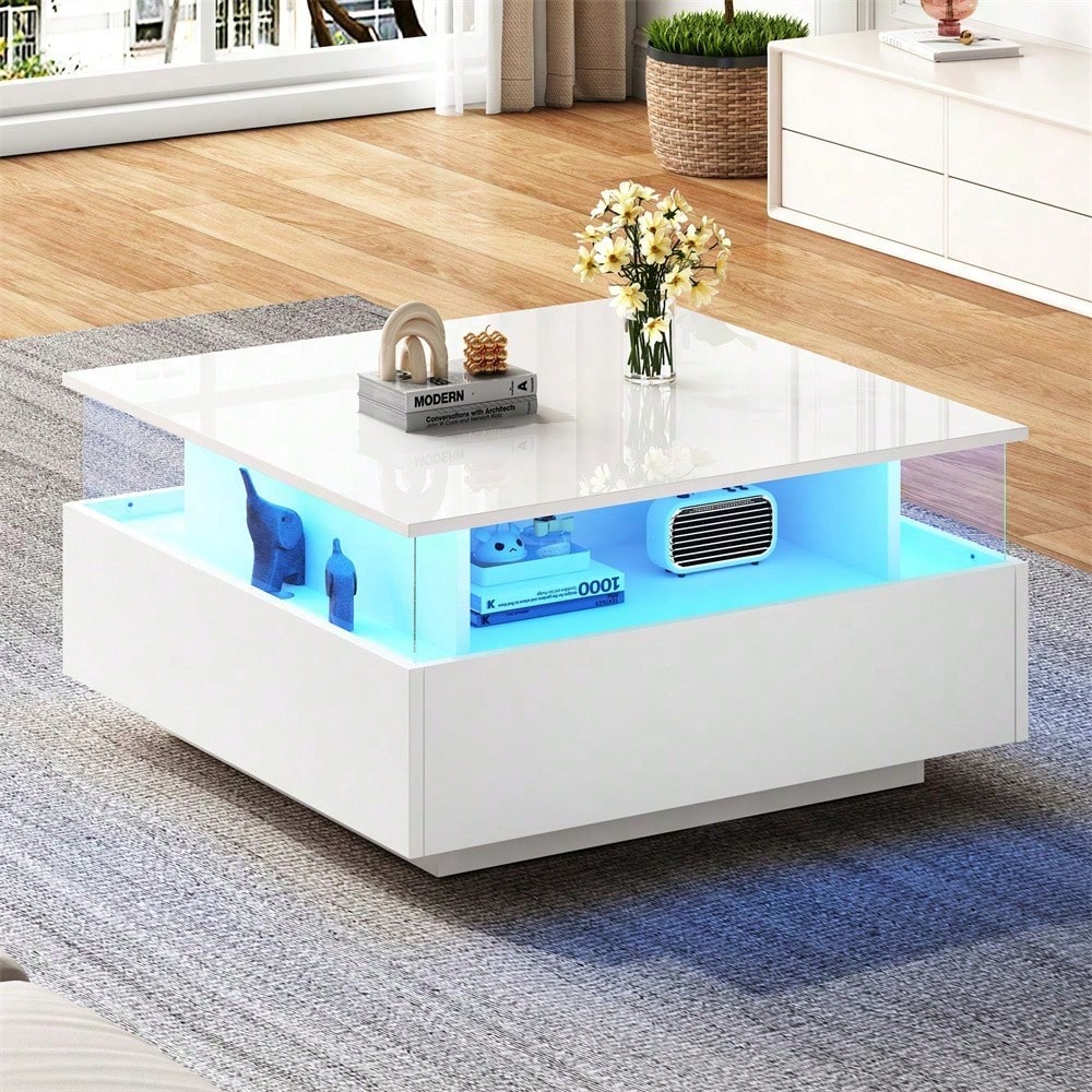 Modernes Hochglanz-LED-Couchtisch Kaffeetisch 70*70*41cm mit 2 Schubladen und transparentem Präsentationsbereich – Belastbar bis 30 kg, ideal für stilvolle Wohnzimmer