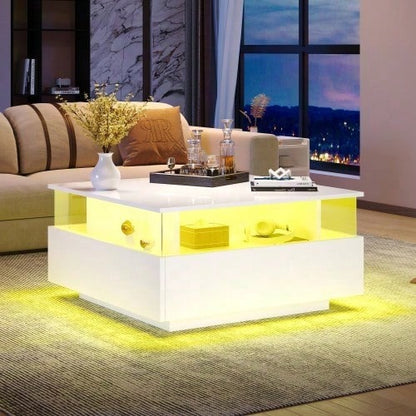 Modernes Hochglanz-LED-Couchtisch Kaffeetisch 70*70*41cm mit 2 Schubladen und transparentem Präsentationsbereich – Belastbar bis 30 kg, ideal für stilvolle Wohnzimmer