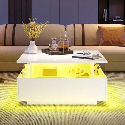 Modernes Hochglanz-LED-Couchtisch Kaffeetisch 70*70*41cm mit 2 Schubladen und transparentem Präsentationsbereich – Belastbar bis 30 kg, ideal für stilvolle Wohnzimmer