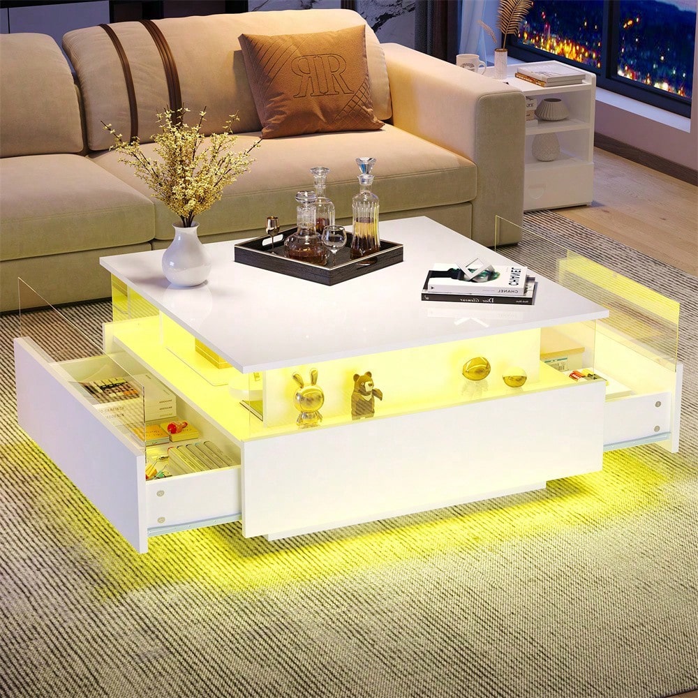 Modernes Hochglanz-LED-Couchtisch Kaffeetisch 70*70*41cm mit 2 Schubladen und transparentem Präsentationsbereich – Belastbar bis 30 kg, ideal für stilvolle Wohnzimmer