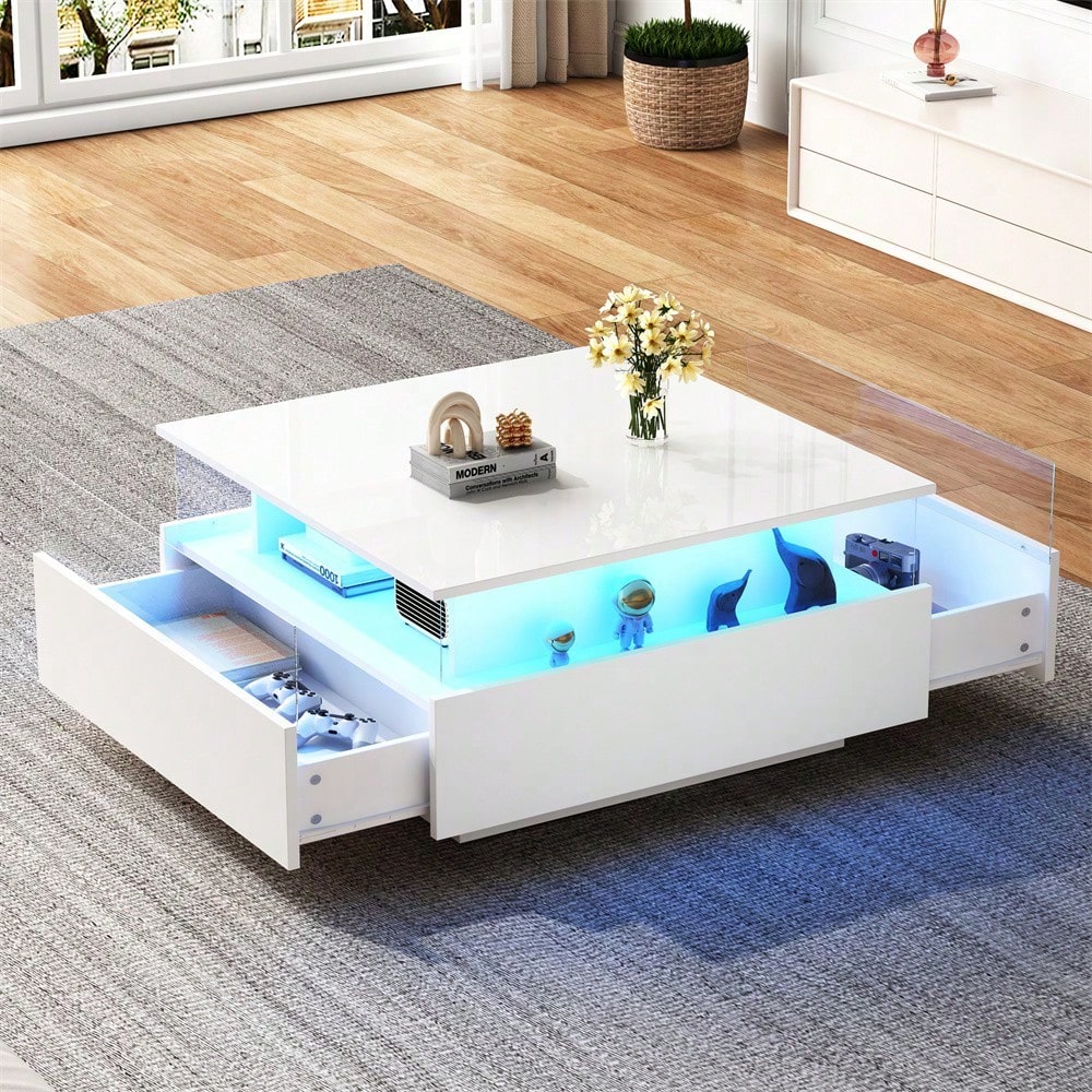 Modernes Hochglanz-LED-Couchtisch Kaffeetisch 70*70*41cm mit 2 Schubladen und transparentem Präsentationsbereich – Belastbar bis 30 kg, ideal für stilvolle Wohnzimmer