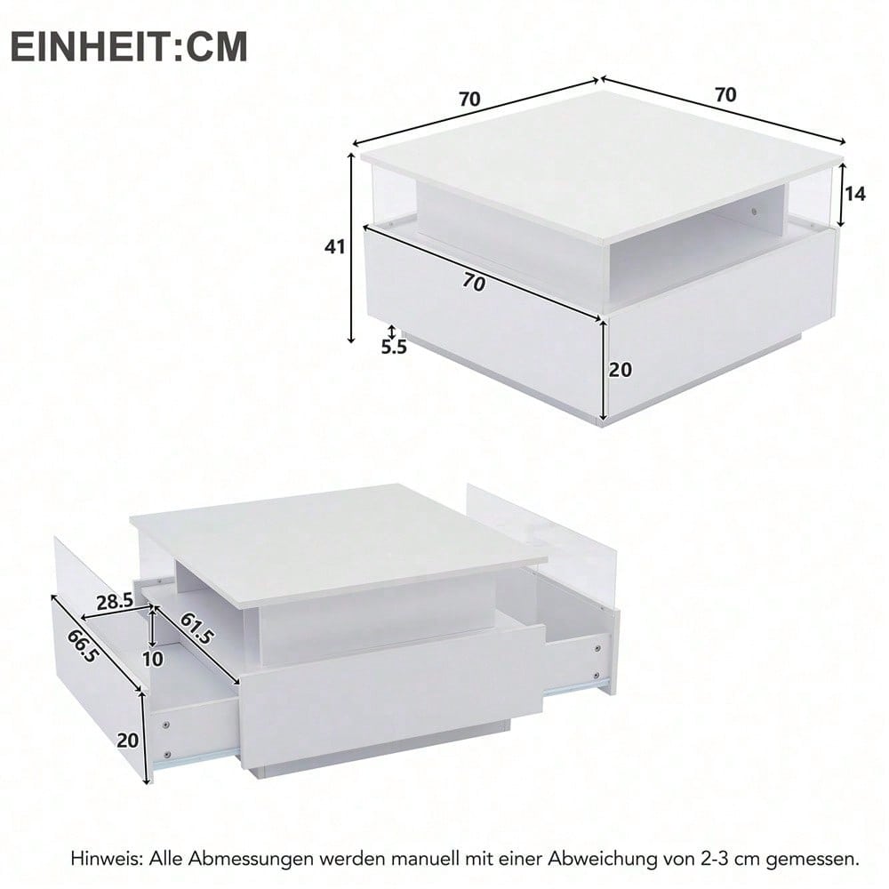 Modernes Hochglanz-LED-Couchtisch Kaffeetisch 70*70*41cm mit 2 Schubladen und transparentem Präsentationsbereich – Belastbar bis 30 kg, ideal für stilvolle Wohnzimmer