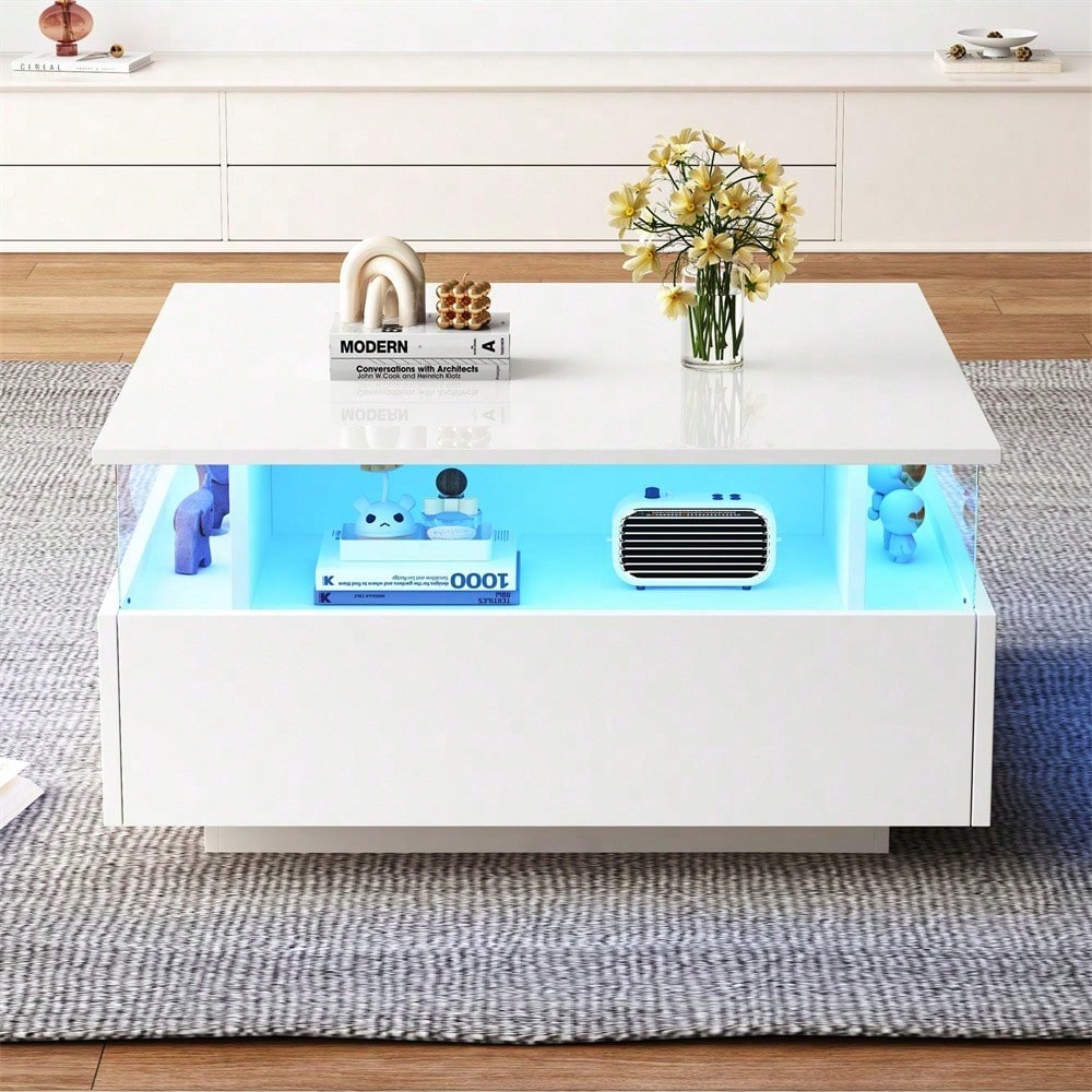 Modernes Hochglanz-LED-Couchtisch Kaffeetisch 70*70*41cm mit 2 Schubladen und transparentem Präsentationsbereich – Belastbar bis 30 kg, ideal für stilvolle Wohnzimmer