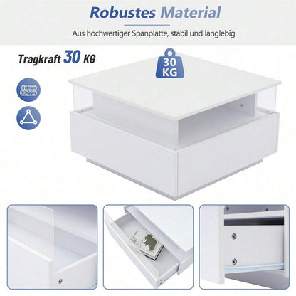 Modernes Hochglanz-LED-Couchtisch Kaffeetisch 70*70*41cm mit 2 Schubladen und transparentem Präsentationsbereich – Belastbar bis 30 kg, ideal für stilvolle Wohnzimmer