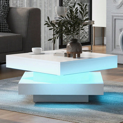 Weißer quadratischer Hochglanz-Couchtisch mit drehbarer Platte - Moderner Techno-Stil mit 16-farbigem LED-Licht, 70x70x36 cm