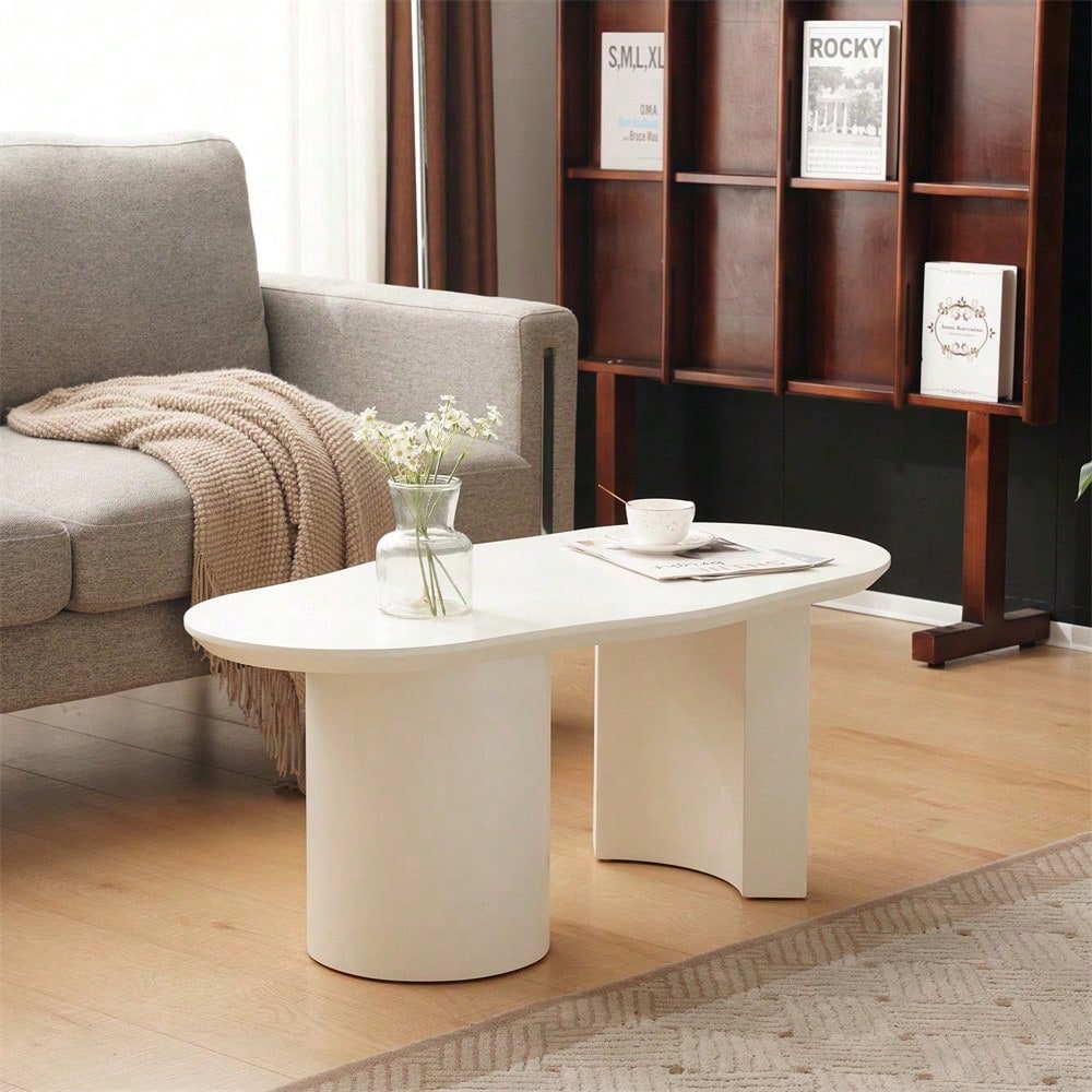 Stabiler und langlebiger 100 cm langer weißer unregelmäßiger Couchtisch - hochwertiges MDF, lackierte Oberfläche, zarte Haptik, unregelmäßige und elegant geschwungene Tischplatte