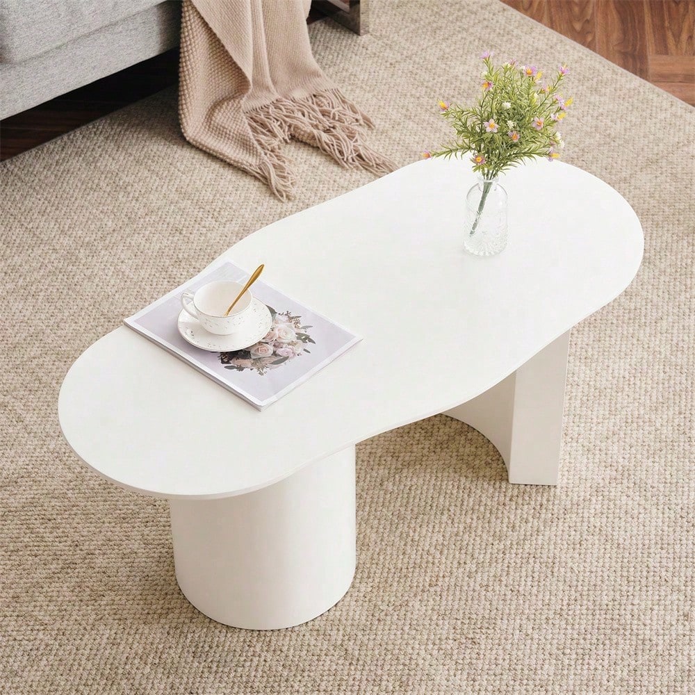 Stabiler und langlebiger 100 cm langer weißer unregelmäßiger Couchtisch - hochwertiges MDF, lackierte Oberfläche, zarte Haptik, unregelmäßige und elegant geschwungene Tischplatte