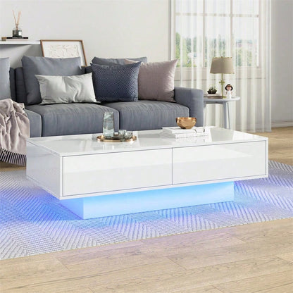 Moderner Hochglanz Couchtisch in Weiß, 115 x 55 x 34 cm, mit 2 Schubladen, LED-Beleuchtung und 30 kg Tragkraft – Eleganter Wohnzimmertisch