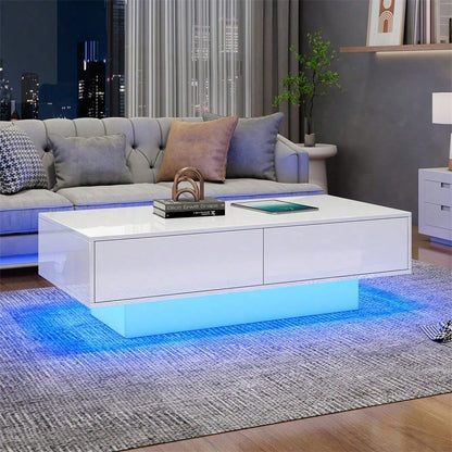 Moderner Hochglanz Couchtisch in Weiß, 115 x 55 x 34 cm, mit 2 Schubladen, LED-Beleuchtung und 30 kg Tragkraft – Eleganter Wohnzimmertisch