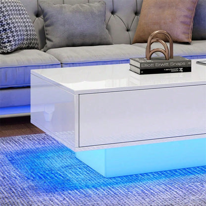 Moderner Hochglanz Couchtisch in Weiß, 115 x 55 x 34 cm, mit 2 Schubladen, LED-Beleuchtung und 30 kg Tragkraft – Eleganter Wohnzimmertisch