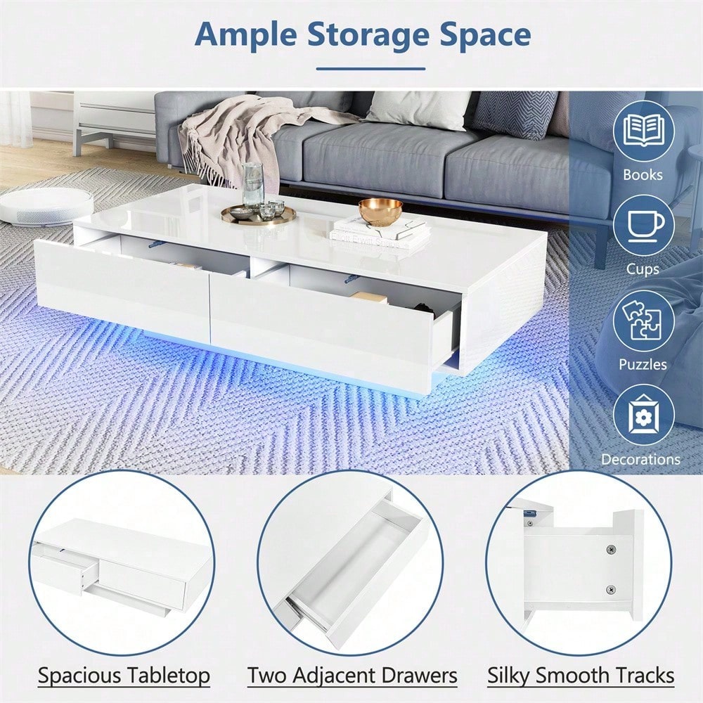 Moderner Hochglanz Couchtisch in Weiß, 115 x 55 x 34 cm, mit 2 Schubladen, LED-Beleuchtung und 30 kg Tragkraft – Eleganter Wohnzimmertisch