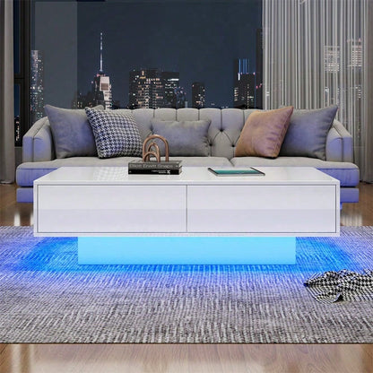 Moderner Hochglanz Couchtisch in Weiß, 115 x 55 x 34 cm, mit 2 Schubladen, LED-Beleuchtung und 30 kg Tragkraft – Eleganter Wohnzimmertisch