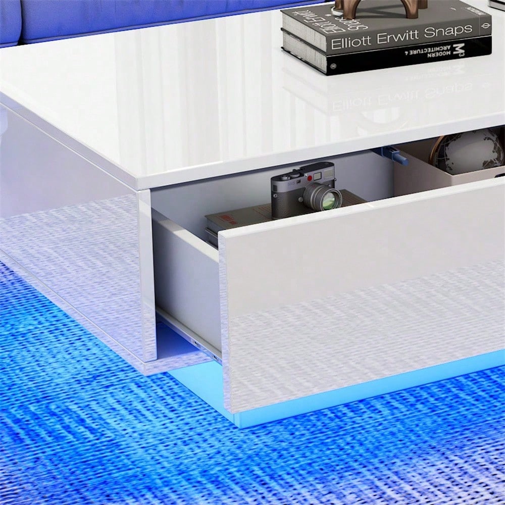 Moderner Hochglanz Couchtisch in Weiß, 115 x 55 x 34 cm, mit 2 Schubladen, LED-Beleuchtung und 30 kg Tragkraft – Eleganter Wohnzimmertisch
