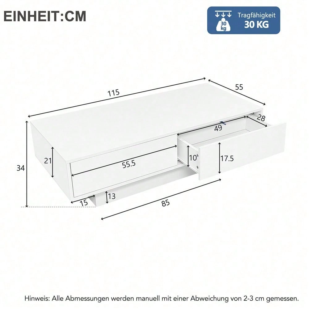 Moderner Hochglanz Couchtisch in Weiß, 115 x 55 x 34 cm, mit 2 Schubladen, LED-Beleuchtung und 30 kg Tragkraft – Eleganter Wohnzimmertisch