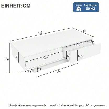 Moderner Hochglanz Couchtisch in Weiß, 115 x 55 x 34 cm, mit 2 Schubladen, LED-Beleuchtung und 30 kg Tragkraft – Eleganter Wohnzimmertisch