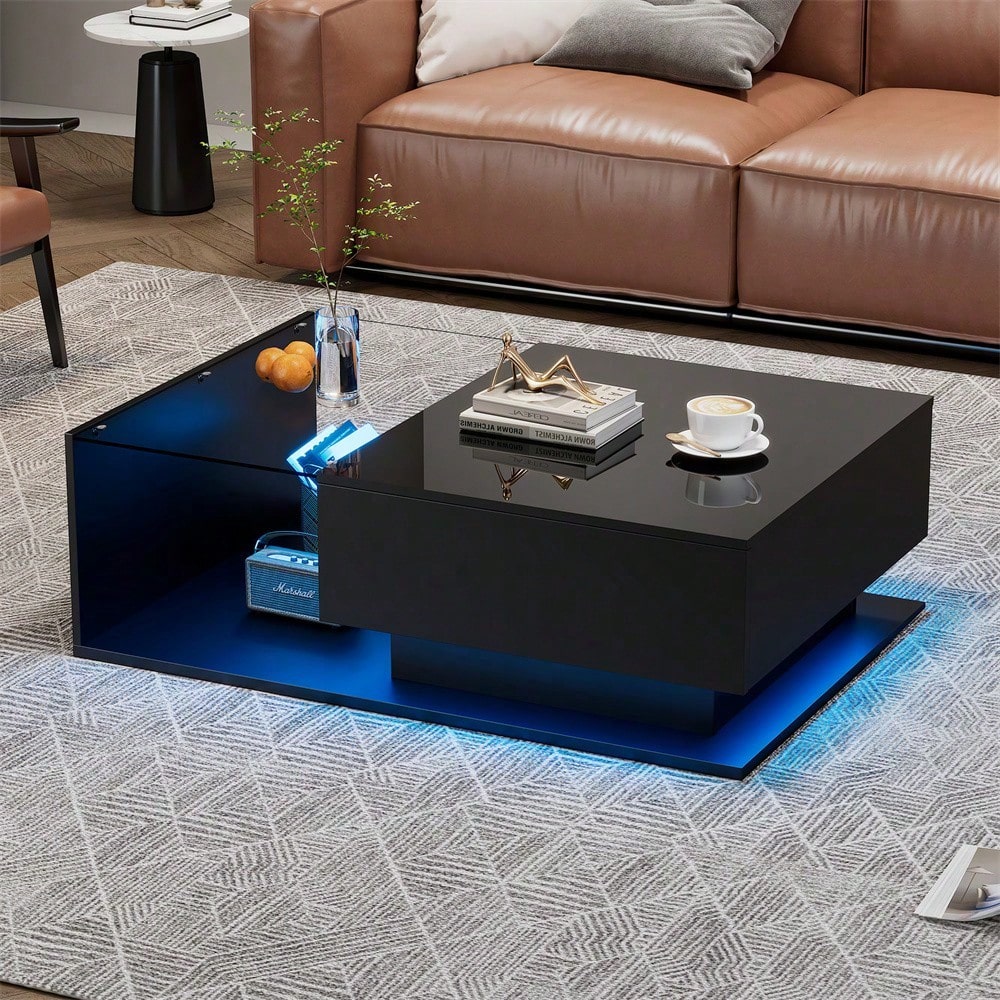 Hochglanz schwarzer Couchtisch 100x50x32 cm - mit Glasplatte und Schubladen, kratzfest, mit 1 Schublade, mit LED-Beleuchtung, moderner Stil