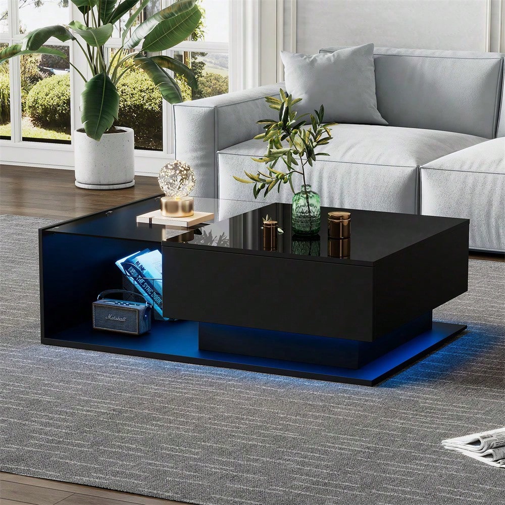 Hochglanz schwarzer Couchtisch 100x50x32 cm - mit Glasplatte und Schubladen, kratzfest, mit 1 Schublade, mit LED-Beleuchtung, moderner Stil