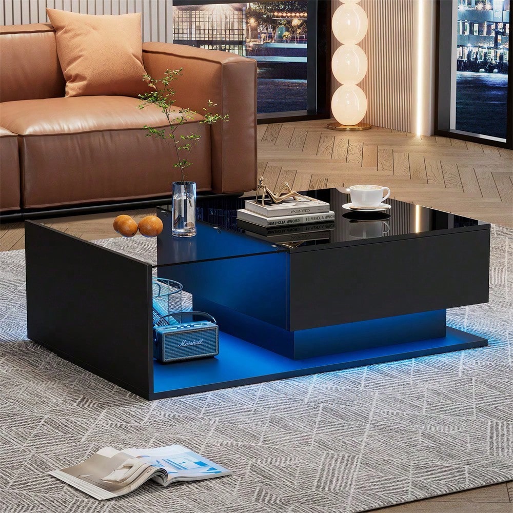 Hochglanz schwarzer Couchtisch 100x50x32 cm - mit Glasplatte und Schubladen, kratzfest, mit 1 Schublade, mit LED-Beleuchtung, moderner Stil