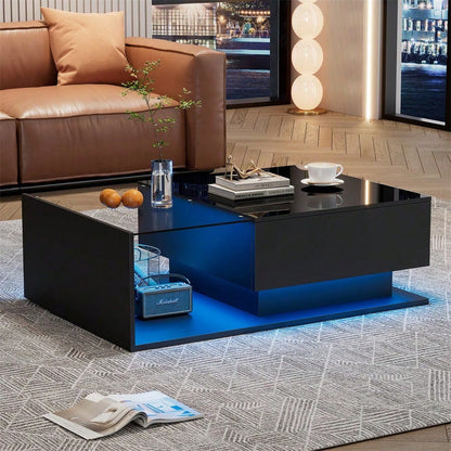 Hochglanz schwarzer Couchtisch 100x50x32 cm - mit Glasplatte und Schubladen, kratzfest, mit 1 Schublade, mit LED-Beleuchtung, moderner Stil