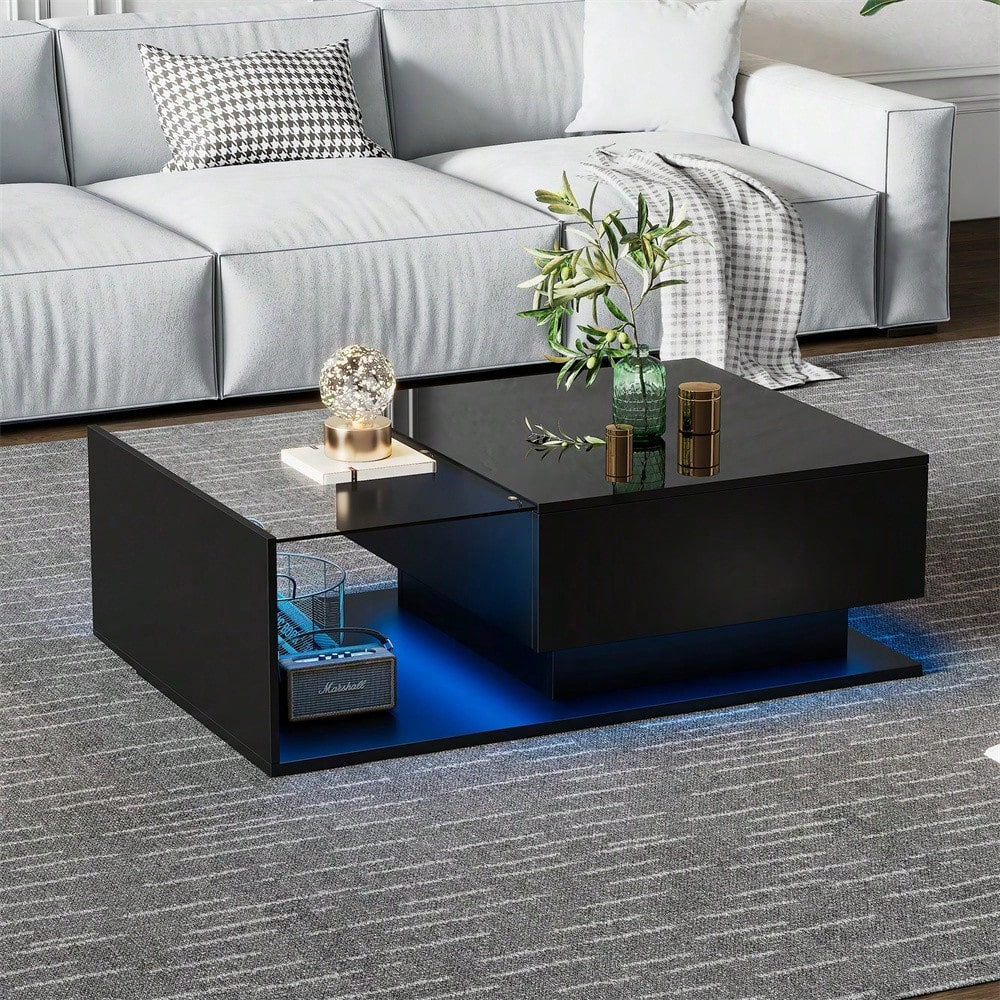 Hochglanz schwarzer Couchtisch 100x50x32 cm - mit Glasplatte und Schubladen, kratzfest, mit 1 Schublade, mit LED-Beleuchtung, moderner Stil