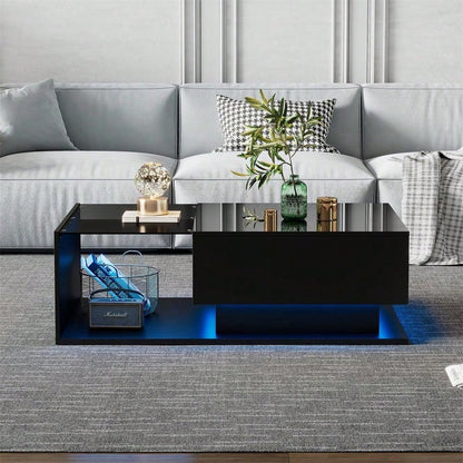 Hochglanz schwarzer Couchtisch 100x50x32 cm - mit Glasplatte und Schubladen, kratzfest, mit 1 Schublade, mit LED-Beleuchtung, moderner Stil