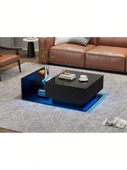 Hochglanz schwarzer Couchtisch 100x50x32 cm - mit Glasplatte und Schubladen, kratzfest, mit 1 Schublade, mit LED-Beleuchtung, moderner Stil