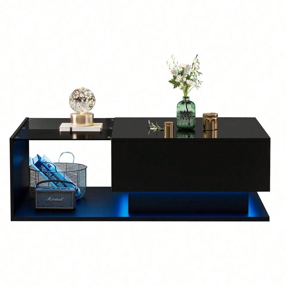 Hochglanz schwarzer Couchtisch 100x50x32 cm - mit Glasplatte und Schubladen, kratzfest, mit 1 Schublade, mit LED-Beleuchtung, moderner Stil