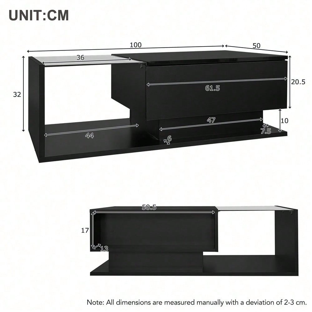 Hochglanz schwarzer Couchtisch 100x50x32 cm - mit Glasplatte und Schubladen, kratzfest, mit 1 Schublade, mit LED-Beleuchtung, moderner Stil