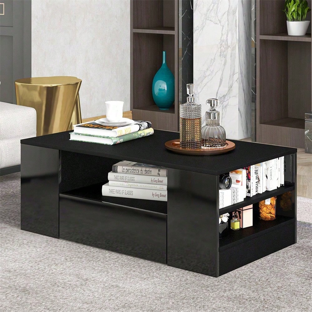 Moderner Couchtisch Hochglanz Wohnzimmermöbel 2 Schubladen und 2 Regalsofa Couchtisch Beistelltisch (95 x 53 x 37cm)