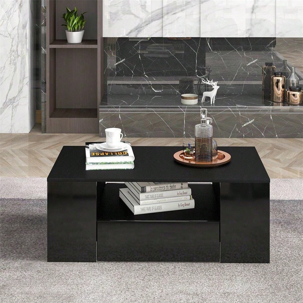 Moderner Couchtisch Hochglanz Wohnzimmermöbel 2 Schubladen und 2 Regalsofa Couchtisch Beistelltisch (95 x 53 x 37cm)