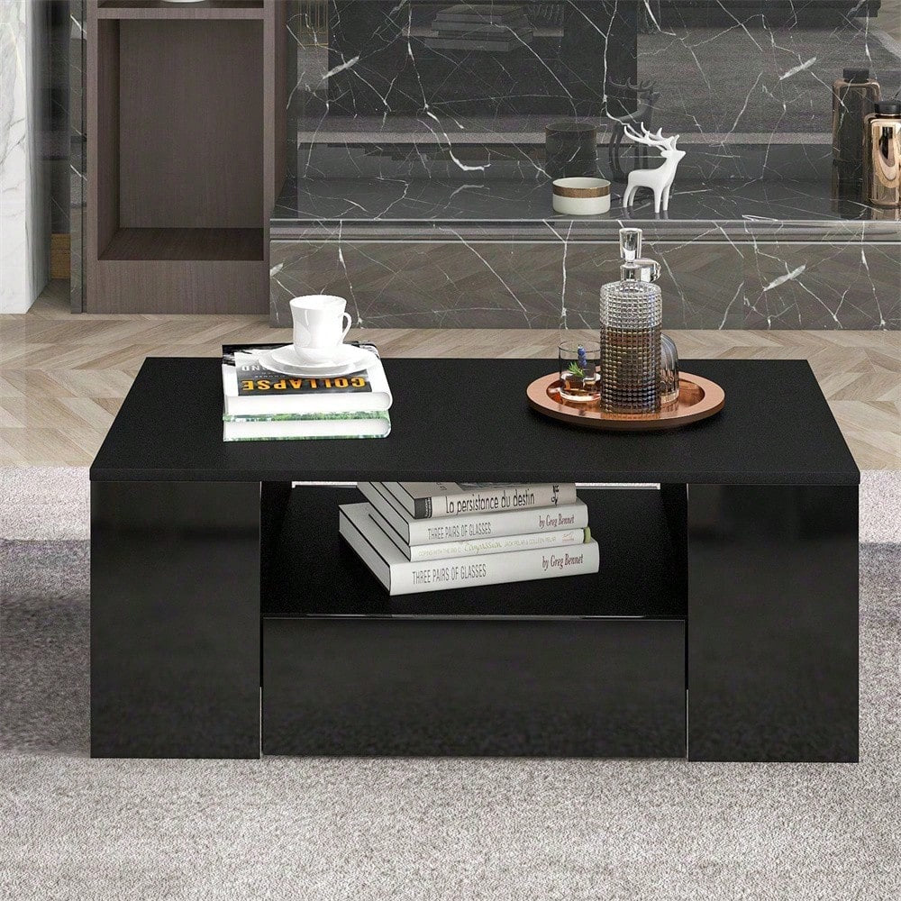 Moderner Couchtisch Hochglanz Wohnzimmermöbel 2 Schubladen und 2 Regalsofa Couchtisch Beistelltisch (95 x 53 x 37cm)