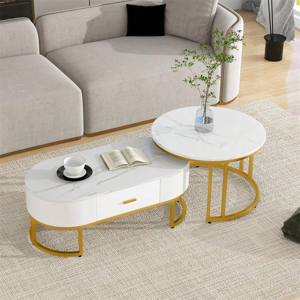 Couchtische 2-teilig Tischgestell Metall Gold, Edle Wohnzimmertische, Moderne Satztische
