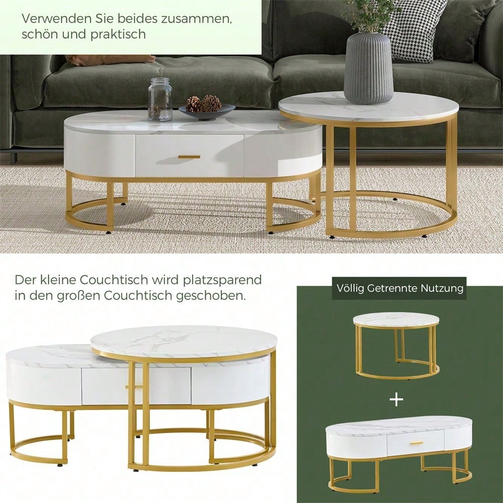 Couchtische 2-teilig Tischgestell Metall Gold, Edle Wohnzimmertische, Moderne Satztische