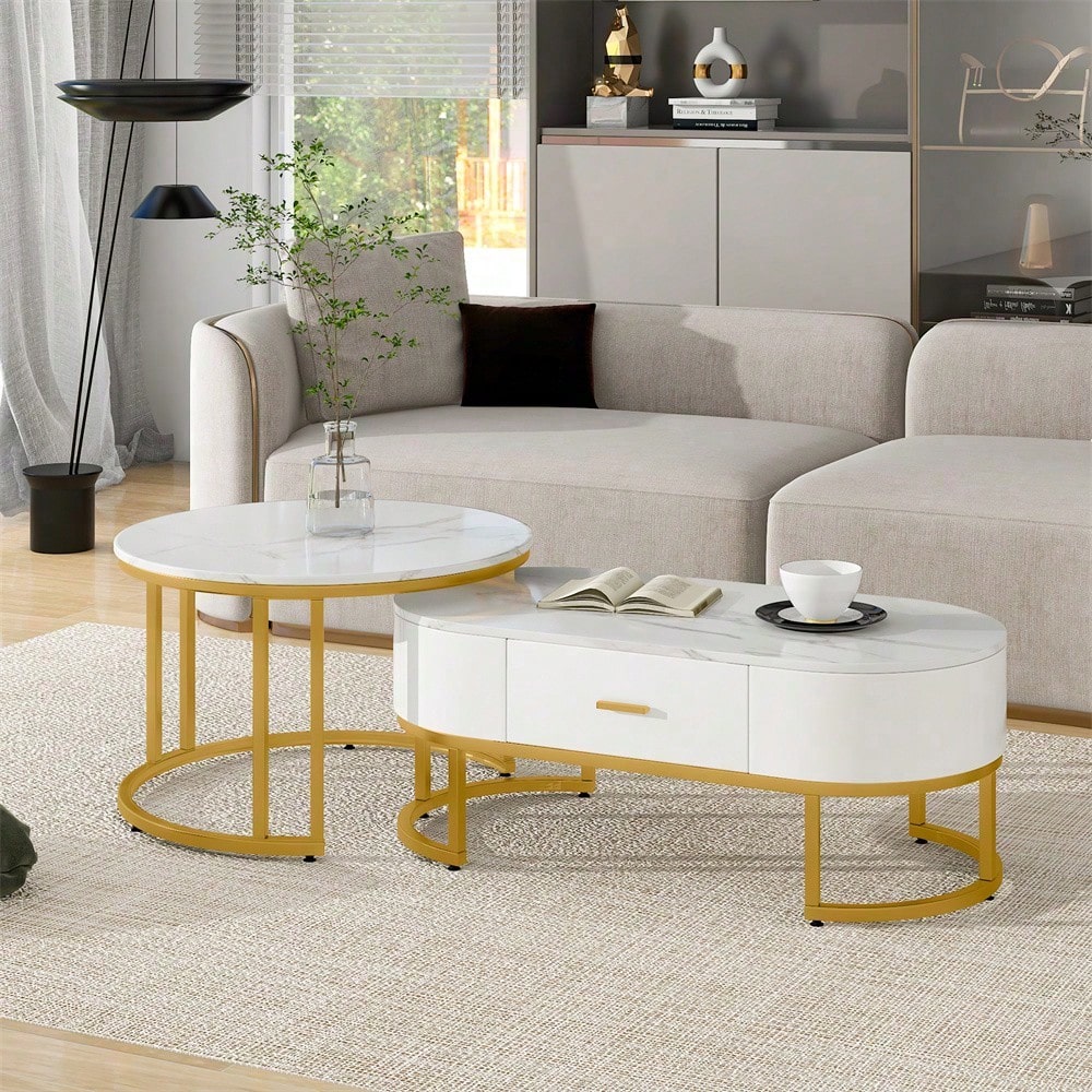 Couchtische 2-teilig Tischgestell Metall Gold, Edle Wohnzimmertische, Moderne Satztische