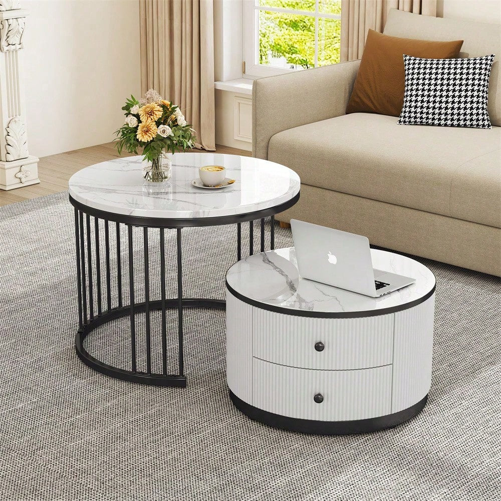 Elegantes 2-teiliges, weißes Couchtisch-Set in Nestform, 60*60*45.5cm & 50*50*32cm, runde Tische mit hochglänzender Marmoroptik, 2 Schubladen, bis 30kg belastbar,Nesting-Kombination Couchtisch