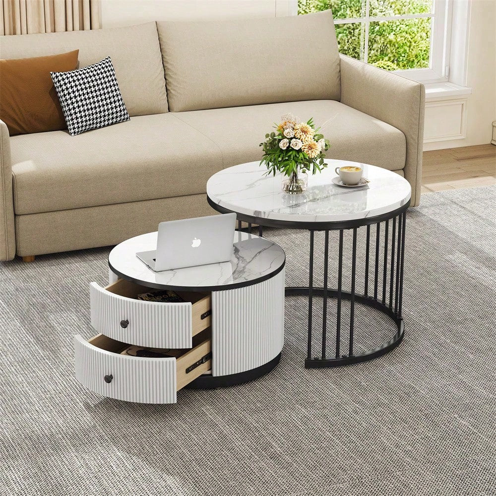 Elegantes 2-teiliges, weißes Couchtisch-Set in Nestform, 60*60*45.5cm & 50*50*32cm, runde Tische mit hochglänzender Marmoroptik, 2 Schubladen, bis 30kg belastbar,Nesting-Kombination Couchtisch