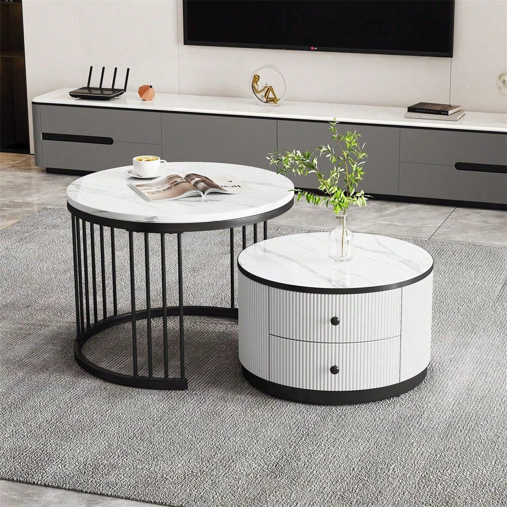 Elegantes 2-teiliges, weißes Couchtisch-Set in Nestform, 60*60*45.5cm & 50*50*32cm, runde Tische mit hochglänzender Marmoroptik, 2 Schubladen, bis 30kg belastbar,Nesting-Kombination Couchtisch