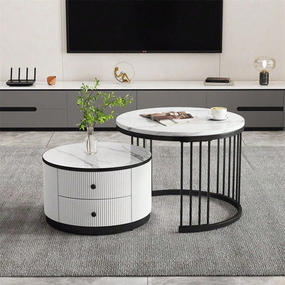 Elegantes 2-teiliges, weißes Couchtisch-Set in Nestform, 60*60*45.5cm & 50*50*32cm, runde Tische mit hochglänzender Marmoroptik, 2 Schubladen, bis 30kg belastbar,Nesting-Kombination Couchtisch