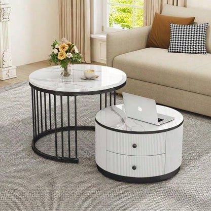 Elegantes 2-teiliges, weißes Couchtisch-Set in Nestform, 60*60*45.5cm & 50*50*32cm, runde Tische mit hochglänzender Marmoroptik, 2 Schubladen, bis 30kg belastbar,Nesting-Kombination Couchtisch