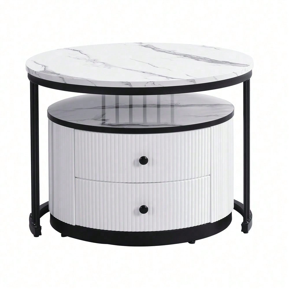 Elegantes 2-teiliges, weißes Couchtisch-Set in Nestform, 60*60*45.5cm & 50*50*32cm, runde Tische mit hochglänzender Marmoroptik, 2 Schubladen, bis 30kg belastbar,Nesting-Kombination Couchtisch
