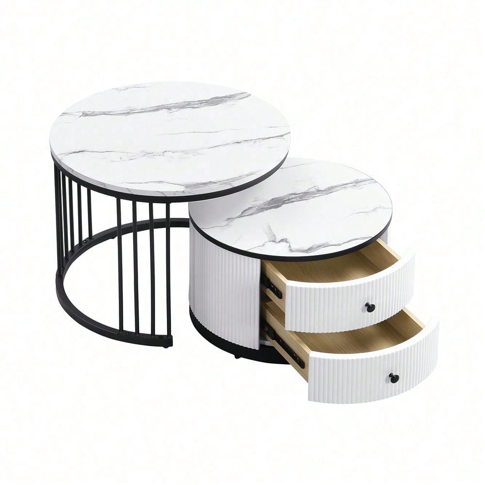 Elegantes 2-teiliges, weißes Couchtisch-Set in Nestform, 60*60*45.5cm & 50*50*32cm, runde Tische mit hochglänzender Marmoroptik, 2 Schubladen, bis 30kg belastbar,Nesting-Kombination Couchtisch