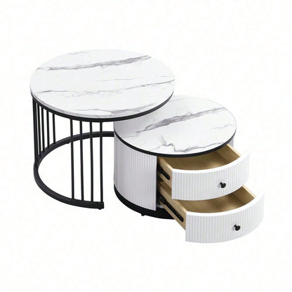 Elegantes 2-teiliges, weißes Couchtisch-Set in Nestform, 60*60*45.5cm & 50*50*32cm, runde Tische mit hochglänzender Marmoroptik, 2 Schubladen, bis 30kg belastbar,Nesting-Kombination Couchtisch