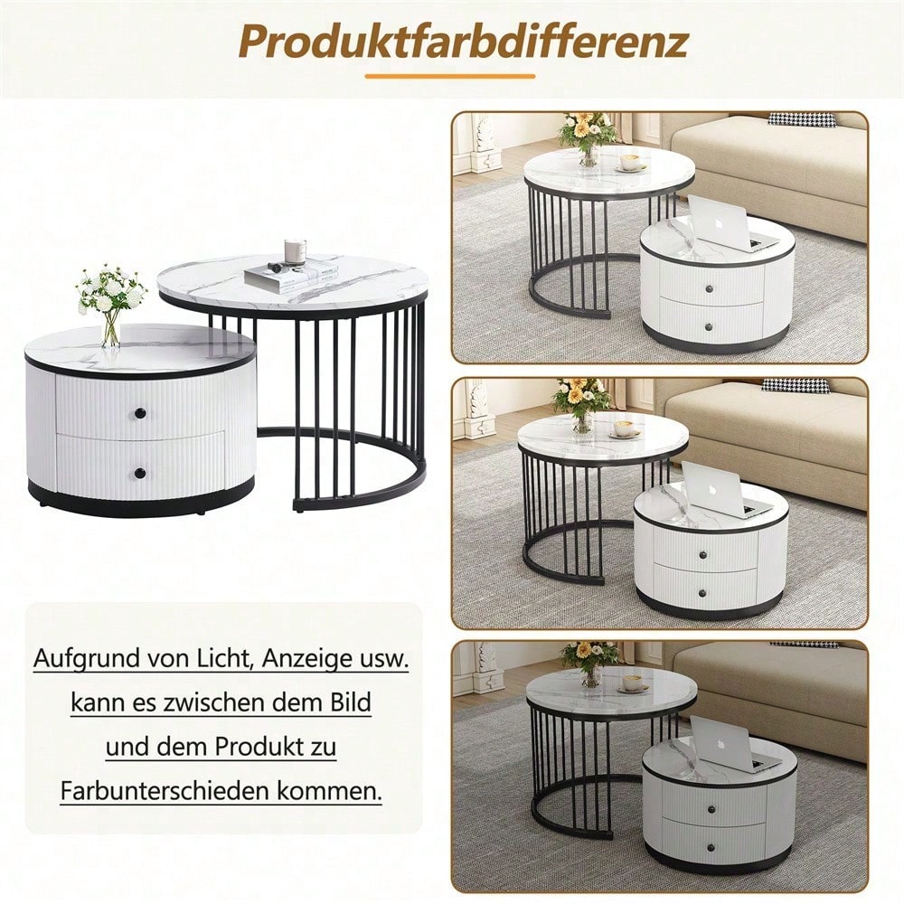Elegantes 2-teiliges, weißes Couchtisch-Set in Nestform, 60*60*45.5cm & 50*50*32cm, runde Tische mit hochglänzender Marmoroptik, 2 Schubladen, bis 30kg belastbar,Nesting-Kombination Couchtisch