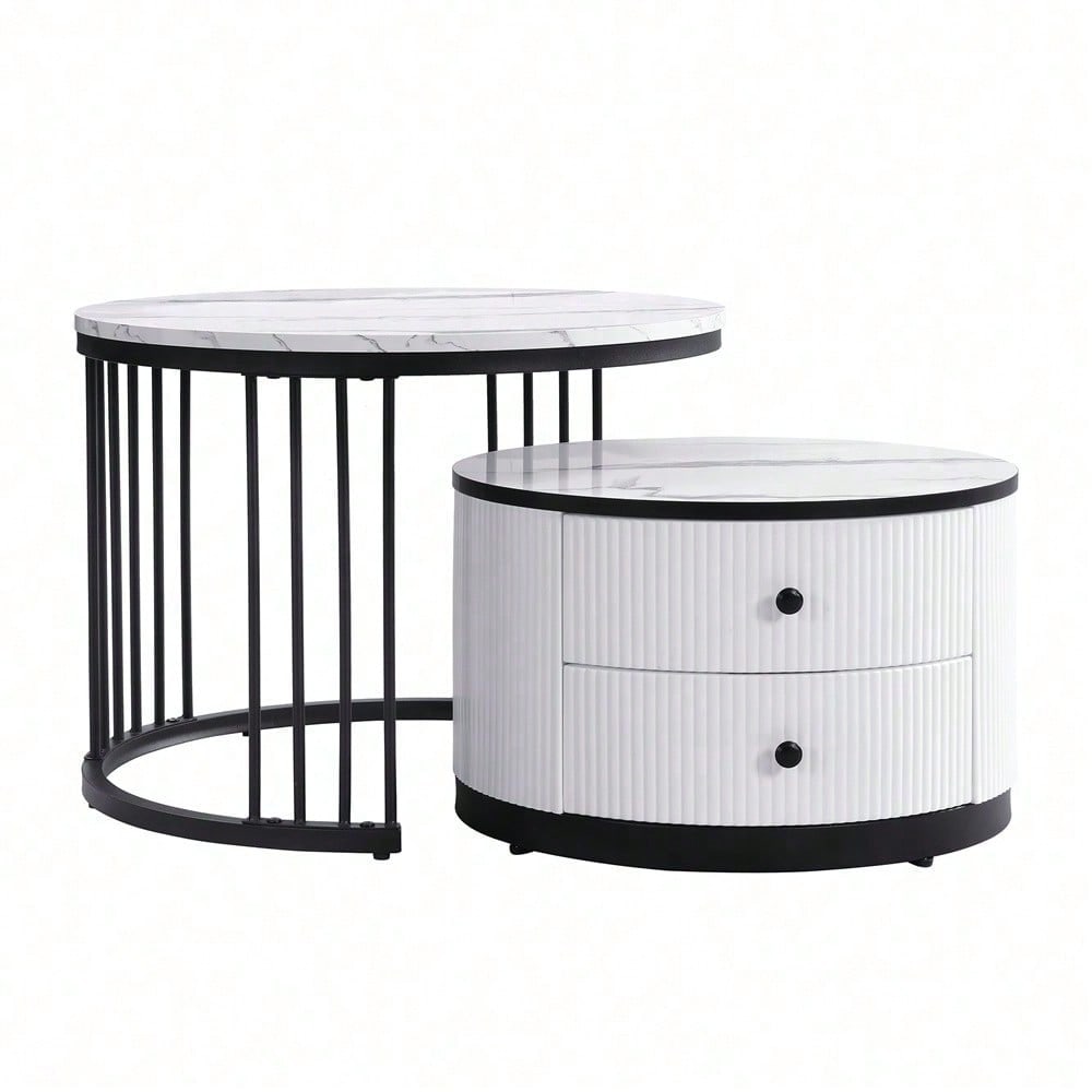 Elegantes 2-teiliges, weißes Couchtisch-Set in Nestform, 60*60*45.5cm & 50*50*32cm, runde Tische mit hochglänzender Marmoroptik, 2 Schubladen, bis 30kg belastbar,Nesting-Kombination Couchtisch