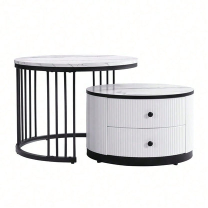 Elegantes 2-teiliges, weißes Couchtisch-Set in Nestform, 60*60*45.5cm & 50*50*32cm, runde Tische mit hochglänzender Marmoroptik, 2 Schubladen, bis 30kg belastbar,Nesting-Kombination Couchtisch