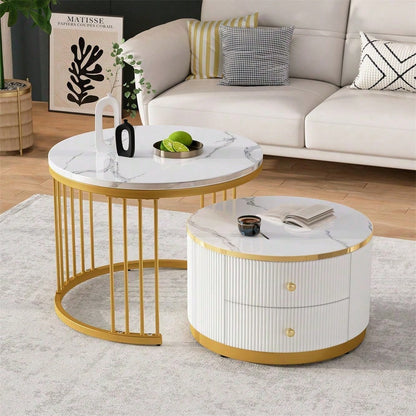 Elegantes 2-teiliges, weißes Couchtisch-Set in Nestform, 60*60*45.5cm & 50*50*32cm, runde Tische mit hochglänzender Marmoroptik, 2 Schubladen, bis 30kg belastbar,Nesting-Kombination Couchtisch